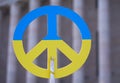 Placard with a blue and yellow Ukrainian flag colour peace sign