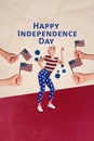Placard collage celebration event girl dancing blonde hair wear stripes stars national symbolic usa flag isolated on