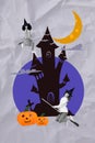 Placard collage of funky mystery characters flying on broomstick halloween night isolated grey color paper background Royalty Free Stock Photo