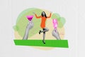 Placard collage of girl dancing at party listen music wearing orange dress toast cheers champagne with martini isolated