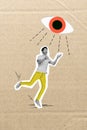 Placard collage image of big human eye watching funky joyful man isolated on drawing grey background