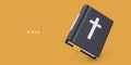 Placard in 3d realistic style with big black Bible and yellow background