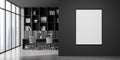 Placard, deviding panoramic space with cabinet, desk, chairs, dark grey Royalty Free Stock Photo