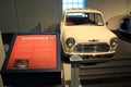Placard with history of 1960 Morris Mini-Minor/850 on display,Saratoga Automobile Museum,New York,2015