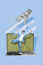 Placard image collage of cheerful funny man stand on netbook with tied hands addiction concept isolated over blue color