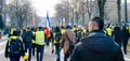 Placard with inscription Macron Demission at yellow vests protest