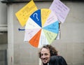 Placards with Wheel of Fortune of Macron at second demonstration against the new