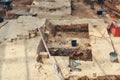 Place of archaeological excavations. Archaeologists tools to find historic buildings