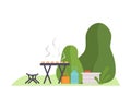 Barbecue on the background of trees at the campsite. Vector illustration.