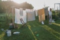 A place for drying linen, sheets and clothes on the street in the courtyard of a village house. The concept of summer