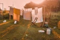 A place for drying linen, sheets and clothes on the street in the courtyard of a village house. The concept of autumn.