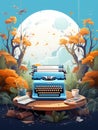 The Place Of Inspiration - A Blue Typewriter On A Table Surrounded By Trees