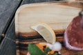 Place the lemon on a wooden tray and drink in a healthy glass Royalty Free Stock Photo