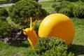 A place for outdoor recreation in the park. A sculpture of a yellow snail on a green lawn, near a dwarf pine tree.