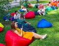 A place for people to relax on the lawn in the central park, the city of Voronezh Royalty Free Stock Photo