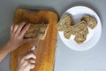 place pieces of sliced bread on a white plate.