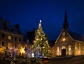 Place Royale Royal Plaza and Notre Dame des Victories Church decorated for Christmas at night - Quebec City, Canada Royalty Free Stock Photo