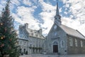 Place Royale Royal Plaza and Notre Dame des Victories Church decorated for Christmas - Quebec City, Canada Royalty Free Stock Photo