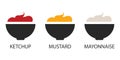 Place the sauce in a bowl. Mayonnaise, ketchup and mustard in serving bowls. Delicious additions to a variety of dishes.