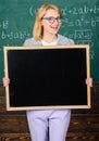 Place for school advertisement. Official advertisement concept. Teacher hold blackboard blank advertisement copy space