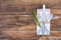 Place setting with cutlery and napkin on wooden table background Royalty Free Stock Photo