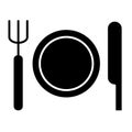 Place setting with plate, knife and fork solid icon. Cutlery vector illustration isolated on white. Table setting glyph Royalty Free Stock Photo