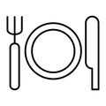 Place setting with plate, knife and fork thin line icon. Cutlery vector illustration isolated on white. Table setting Royalty Free Stock Photo