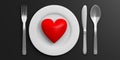 Place Setting and red heart on black background. 3d illustration