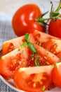 Place the sliced red tomato on a plate, sprinkle with spices and green onions