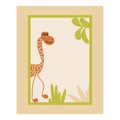 Place for text, frame. Funny giraffe, the leaves of plants. Vector illustration