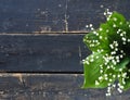 Place for text. Lilies of the valley spring flowers in a bouquet are laid out along the edge of a dark wooden background Royalty Free Stock Photo