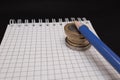 place for text, notebook, graph with pen and euro coins. Close-up of a pen and euro coins on top of a financial graph