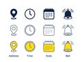 Place, Time, Date and Notification line icons. Calendar, address location pointer and alarm bell. Vector Royalty Free Stock Photo