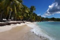 Place to relax on the beach with sun loungers and palm trees. Royalty Free Stock Photo