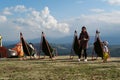 Place to relax with a scenic view. People sits in hammocks