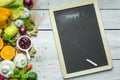 A place to write your own menu or recipe - blackboard, chalk and lots of fruits, vegetables and herbs