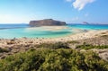 Place for tourists rest Balos lagoon, shore of Crete island, Greece. Ionian, Aegean and Libyan seas. Scenery of sunny summer day. Royalty Free Stock Photo