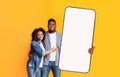 Excited black couple showing white empty smartphone screen