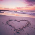 Placed on the sand on the beach at sunset heart. Heart as a symbol of affection and love