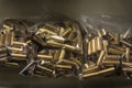 Empty brass pistol cartridges, ammo in bulk at a gun shop, ammunition shortage in California