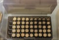 Fired brass rifle 300 Blackout cartridges on display at a gun shop, ammunition shortage in California