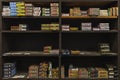 Half empty shelves with rifle ammo boxes at a gun shop, ammunition shortage in California, USA