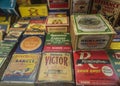 Vintage shotgun shells cartridge boxes by Remington, Winchester and other ammunition manufacturers at a gun shop