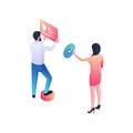 Placing and buying goods online isometric illustration. Male character is posting red clothing advertisement.