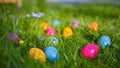 Placing colored Easter eggs in gardens for decoration and a scavenger hunt Royalty Free Stock Photo