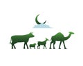 Cow, Sheep, Goat and Camel Walking Together as a Symbol of Eid Al Adha