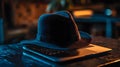 Placing a fedora on a laptop modern workspace still life cozy setting close-up artistic expression Royalty Free Stock Photo