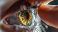 Placing lens on iris of eye in close-up view - ophthalmology and eye care concept Royalty Free Stock Photo