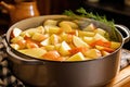 placing sliced potatoes around the pot roast Royalty Free Stock Photo