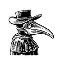 Plague doctor with bird mask and hat. Vector vintage engraving